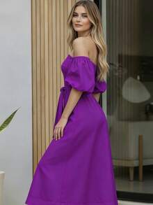 Women's Off-The-Shoulder Long Dress With Adjustable Belt And Puff Sleeves - Buganvilia - 查看 3