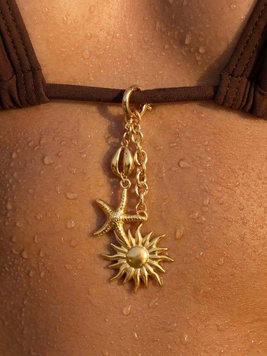 1pc Sexy Beach Vacation Style 18K Gold Plated Stainless Steel Sun, Starfish, Shell Bikini Pendant Brooch