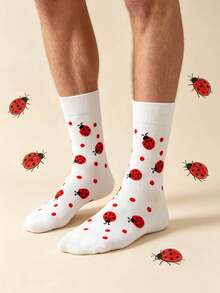 1 Pair Unisex White Ladybug Polka Dot Print Mid-Calf Socks, Fresh Whimsical Style, Breathable Casual Socks For All Seasons - Multicolor - View 4
