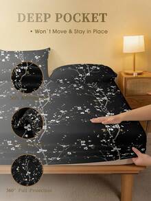 2/3pcs Black Plum Blossom Pattern Bedding Set, No Filling, Microfiber Brushed Breathable Comfortable, 1pc Mattress Cover + 2pcs Pillowcases, Bedding Set Suitable For Large/Medium/Small Double And Single Beds - Black - View 4