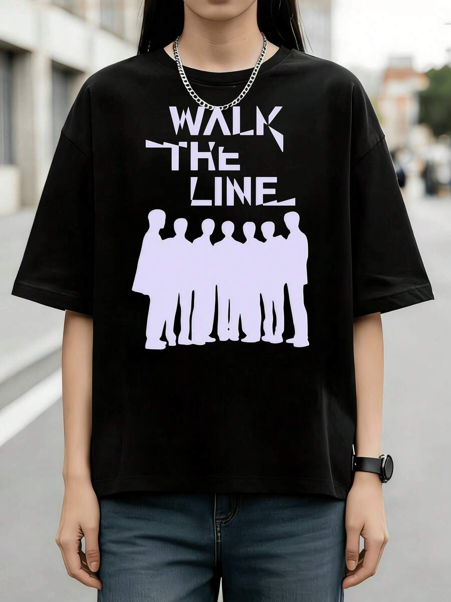 BTSs Bangtan Boys Minimal Silhouette Walk The Line Typography Graphic Cotton Summer T-Shirt - Black - View 1