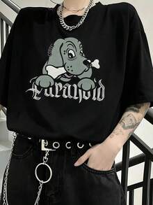 Cartoon Dog Print Black Short-Sleeved T-Shirt, 100% Cotton, Women's, Everyday Wear, Printed Design, Domestic Shipping, 200g Pure Cotton T-Shirt, Y9K Top, Summer Clothing (Please Select Size According To The Size Chart) - Black - View 1
