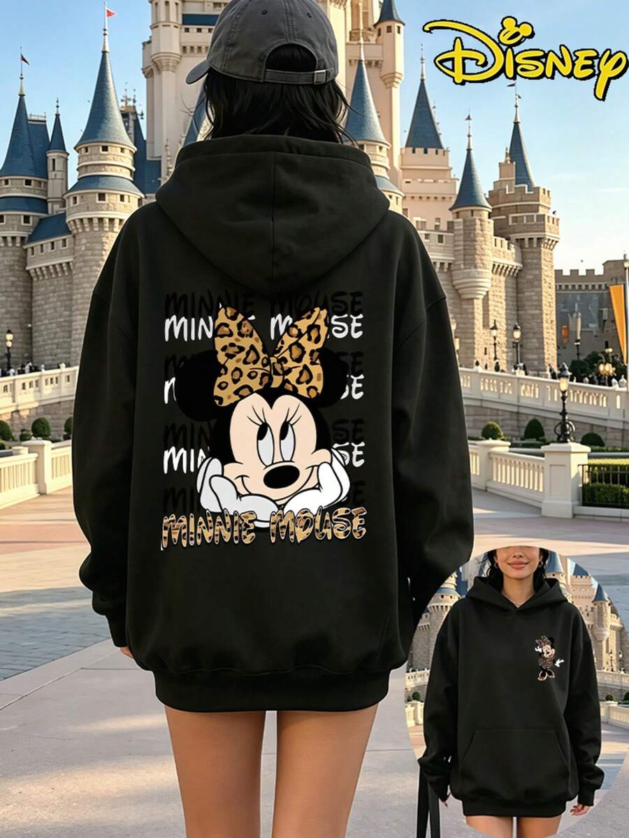 Disney Minnie Mouse Leopard Print Bow Hoodie, Women's Casual Long Sleeve Drawstring Hooded Sweatshirt - 黑色 - 查看 1