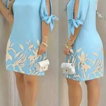 Vestido de mujer con estampado floral, mangas con volantes y adornos de perlas falsas, adecuado para vacaciones de primavera, uso diario casual, en casa y diversos eventos elegantes - Celeste - Ver 1