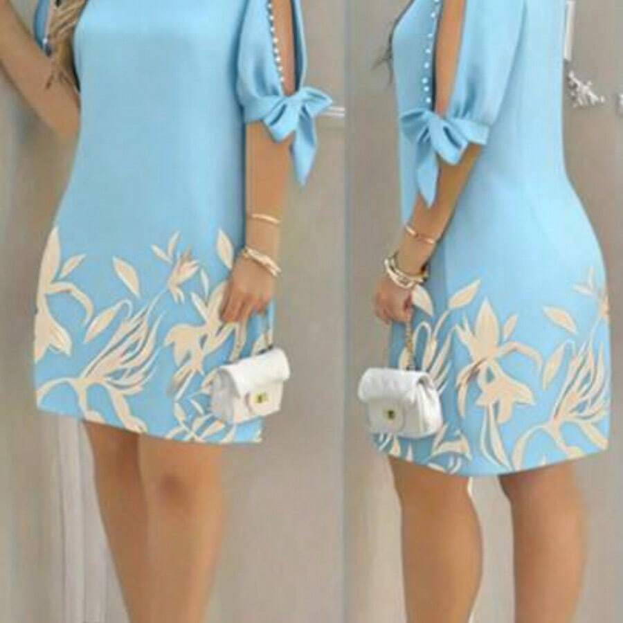 Vestido de mujer con estampado floral, mangas con volantes y adornos de perlas falsas, adecuado para vacaciones de primavera, uso diario casual, en casa y diversos eventos elegantes - Celeste - Ver 1