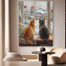 Enmarcado Póster plano 2D de gatos invernales  (1 unidad) |  de paisaje nevado, regalo de San Valentín, pieza de arte mural moderno, ideal para la decoración del hogar y dormitorios, decoración para bodas. - Enmarcado - Ver 6