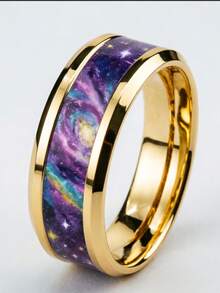 Personalized Men's Sci-Fi Ring, Gold Tungsten Band With Colorful Enamel Cosmic Pattern, Accessory - Gold - View 2
