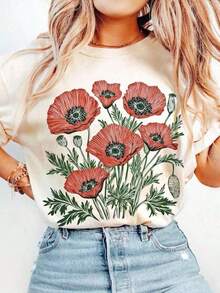 Poppy Print T-Shirt, Floral Print T-Shirt, Vintage Boho Poppy T-Shirt, Cottagecore Wildflower T-Shirt, Birthday Gift, Women's 100% Cotton Oversized T-Shirt, Women's Casual Print - 白色 - 查看 1