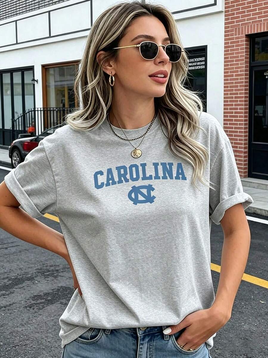 Carolina Team Graphic Women's Pattern Print TShirt Comfy Pure Cotton College Style Tee For Casual Daily Wear, Perfect Birthday Gift For UNC Alumni - 淺灰色 - 查看 1