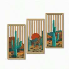 3 pièces Ensemble de décoration murale en bois plat 2D Saguaro Cactus - Art mural en bois creux de coucher de soleil désertique bohème, convient pour le salon, la chambre à coucher - Suspension murale en bois de cactus western vintage - 3 pièces - Voir 6