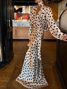 Vintage Polka Dot Maxi Dress, Puff Sleeve V-Neck With Neck Tie For Retro Style - White - View 3