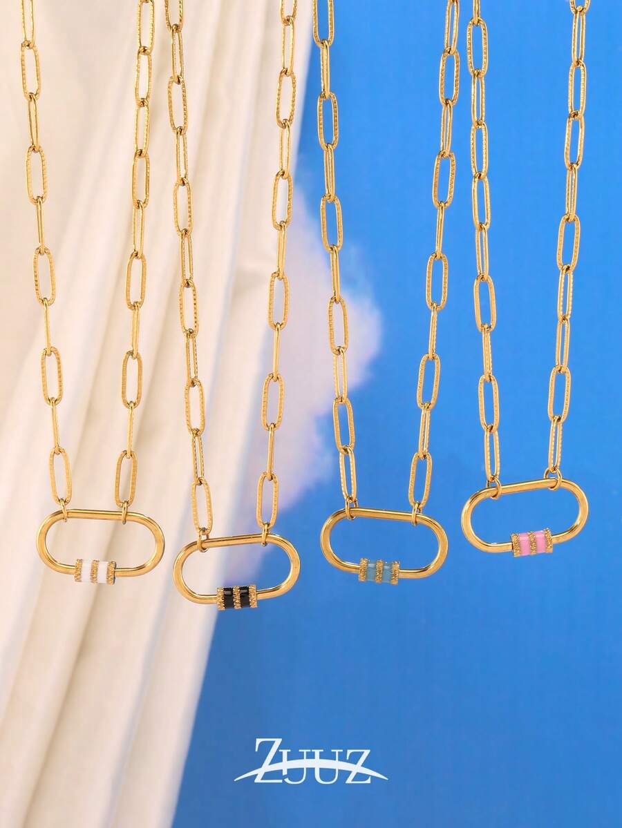 1pc Stainless Steel Colorful Elliptical Buckle Pendant Necklace For Women Fashion Simple 18K Gold Plated Charms Chain Necklace - necklace - View 1