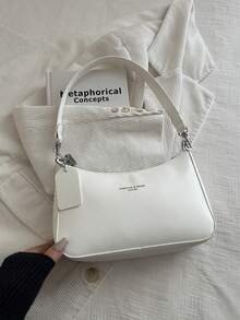 2026 Nuevo bolso de hombro/cruzado de moda clásico con diseño de cadena metálica y estampado de letra en PU impermeable. Adecuado para compras, uso diario, estudiantes, mujeres jóvenes y d - Beis 3 - Ver 8