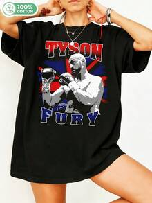 Tyson Furyy Schwergewichts-Boxchampion T-Shirt, Retro-Tyson-Fury-Grafik mit Union-Jack-Hintergrund, TYSON FURY-Aufdruck, UK Boxing Legend Fan-T-Shirt, Unisex Oversized Baumwoll-Crew-Neck Casual Sports Streetwear T-Shirt. - Schwarz - Übersicht 1