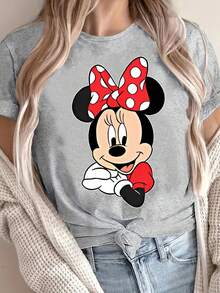 Disney 1件女款短袖T恤，迪士尼米妮滑鼠圖案印花，圓領，微彈性 - 灰色 - 查看 3