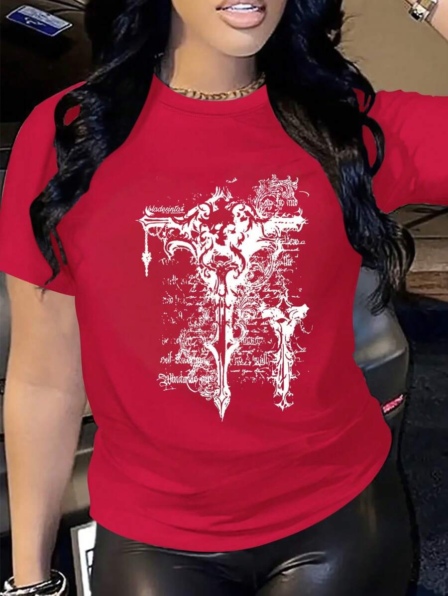 Diseño de arte en script de cruz gótica Estampado digital Manga corta Unisex Algodón puro Holgado y cómodo - Rojo - Ver 1
