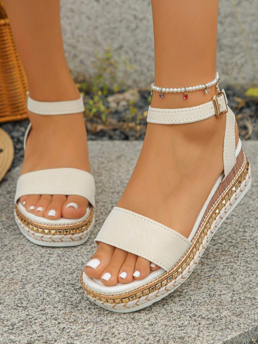 2026 Summer New Minimalist Wedge Heel Thick Sole Sandals Cross-Border Plus Size Women's Rivet Decor Ankle Strap Buckle Sandals Women's Wedge Heel Thick Sole Sandals Women's Wedge Shoes Beige Sandals Blue Thick Sole Shoes Summer Elegant Vacation Style Wedge Heel Thick Sole Sandals Beige Wedge High Heels Blue Shoes Suitable For Daily Wear Casual Shopping Vacation Party Women's Shoes - Beige - Color-changing Imitation Ultra - View 1