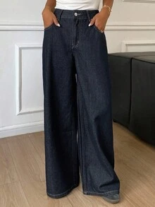 Jeans de mujer de unicolor de estilo casual de vacaciones/casual de negocios, nueva llegada de verano - Azul lavado oscuro - Ver 1