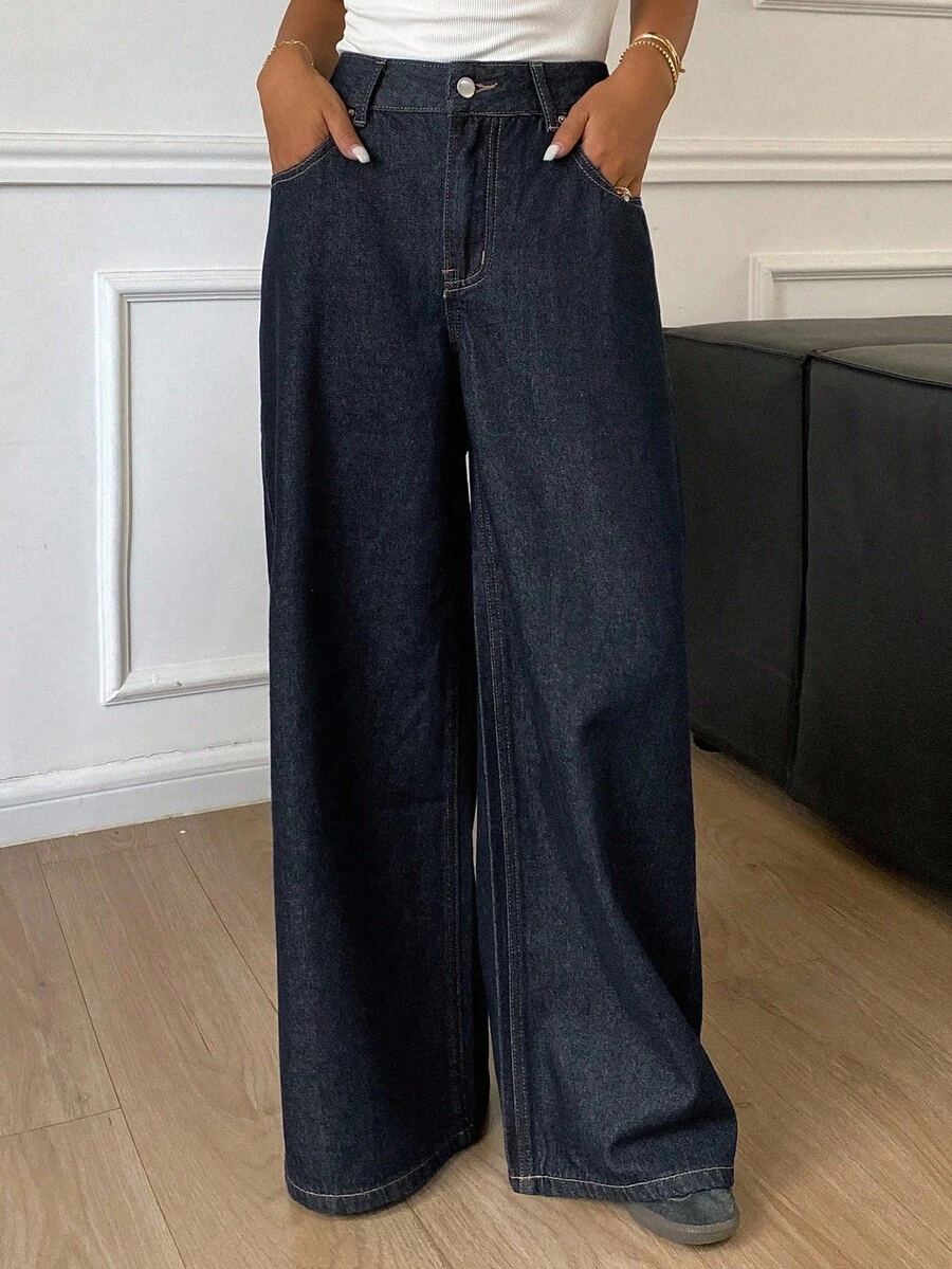 Jeans de mujer de unicolor de estilo casual de vacaciones/casual de negocios, nueva llegada de verano - Azul lavado oscuro - Ver 1
