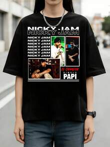 Reggaeton Singer Nicky Jam Retro Collage Style Graphic Cotton Summer T-Shirt - Black - View 1
