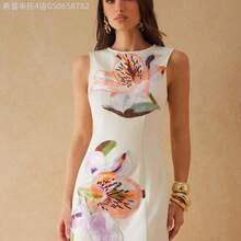 Fengyu Women's Clothing Store Vestido casual mini de mujer con cuello redondo, sin mangas y estampado floral - Rosa Pálido - Ver 5