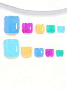 24pcs Elegant Dopamine Color Solid Nail Stickers, Fashionable Blue, Purple, Yellow, Green Candy Colors Toenail Stickers For Women And Girls, Comes With 1pc Jelly Gel And 1pc Nail File. Jelly Gel Color Is Randomly Shipped. Nails - Multicolor - View 3