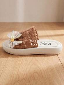 3-12 Years Old Children's New Hot-Selling Caramel Color Flip-Flops. Caramel Color Hollow Lace + Wavy Lace + Rabbit + Polka Dot Mesh Flower Decoration. Thick Anti-Slip Sole, Slip-On Design, Cool Summer Feel. Suitable For Home Use And Short-Distance Casual Outings. - Brown - View 5