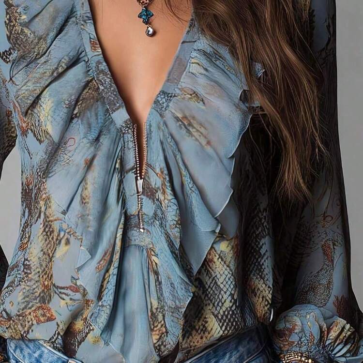 Blusa de mujer de verano con estampado integral, cuello en V profundo, cremallera y mangas con volantes, de estilo elegante y vintage al estilo de vacaciones francesas - Morado claro - Añade 5