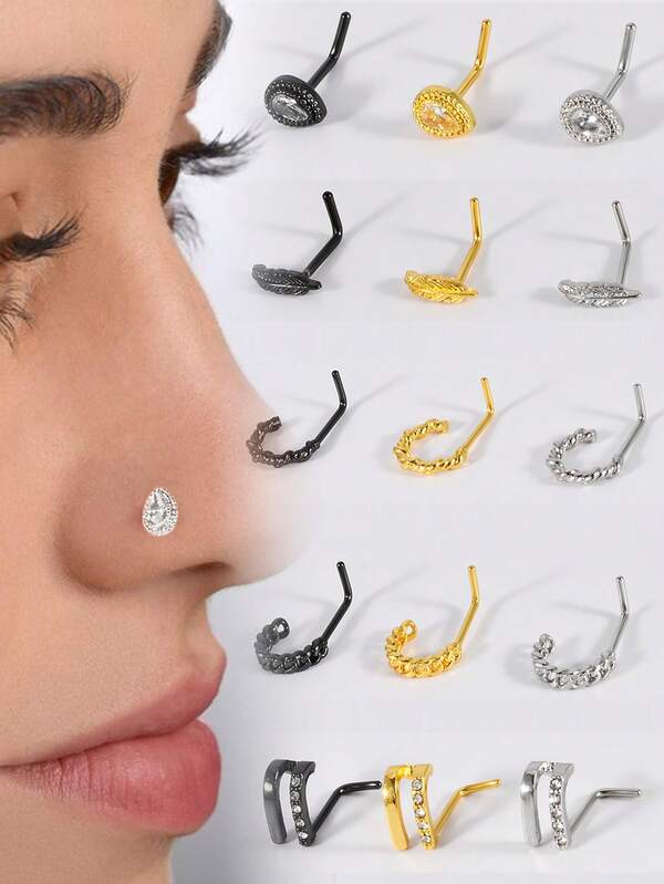 1 pieza Diferente estilo lindo cristal Nariz Stud L-Forma 20g Acero inoxidable Anillo de la nariz Perforación Gota Agua Pluma Cadena Forma Curva Zirconia Piercing Nostril Clavo de la nariz Stud Ornamento de la nariz en la vida diaria