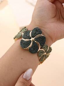 1 pieza Brazalete de flor de rafia estilo vacaciones, pulsera con soporte de flor de metal de color contrastante, accesorio de nicho para vacaciones en la playa, fiesta de verano, reunión con amigos, uso diario, estilo retro - Verde oliva - Ver 7