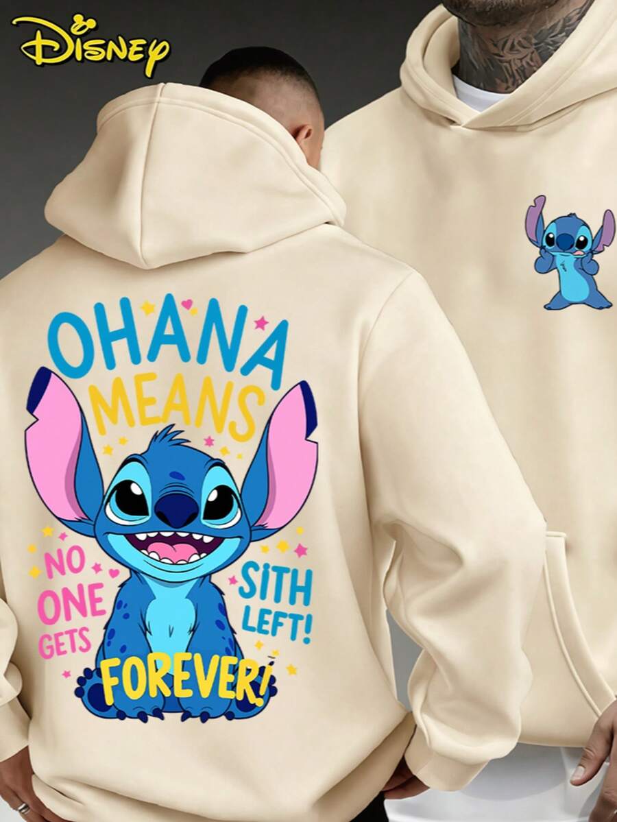 Disney Lilo & Stitch "Ohana Means Forever" Hoodie, Casual Loose Pullover Sweatshirt, Streetwear Style Top, Ideal For Daily Outfits - 杏色 - 查看 1