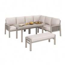 Garden Dining Set, Patio Furniture, 8 People, Corner Configuration, Galvanized Iron, Glass Tabletop, Hand-Braided PE Rope, Including Table, Benches And Sofas, Khaki - Khaki - View 1