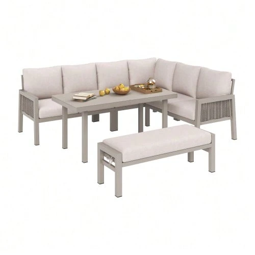 Garden Dining Set, Patio Furniture, 8 People, Corner Configuration, Galvanized Iron, Glass Tabletop, Hand-Braided PE Rope, Including Table, Benches And Sofas, Khaki - Khaki - View 1
