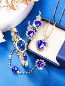 1 Set Women's Fashion Green Fully Rhinestone Quartz Watch Set, Includes Necklace, Earrings, Bracelet, Ring, Accessory Set, Suitable For Daily Wear, Birthday Gift, Party, Holiday Gathering, Ideal Gift For Yourself Or Friends. Does Not Include Gift Box. - Blue - View 2