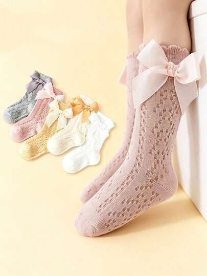 5 đôi tất lưới cao đến bắp chân cho bé gái, thoáng khí, kiểu dáng công chúa với nơ xinh xắn, thích hợp cho mùa xuân/hè.
