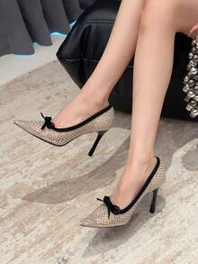 Xin Jing Shoes 女士高跟鞋,新款时尚百搭蝴蝶结水钻网面婚宴鞋,优雅日常通勤网面透气细高跟鞋 - 卡其色 - 查看 5