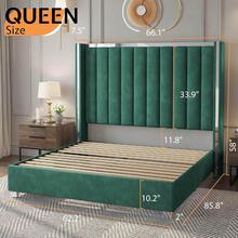 Velvet Upholstered Bed Frame With 58" Tall Channel Tufted Wingback Headboard And Plating Trim – Platform Design, No Box Spring Required - Green - View 2