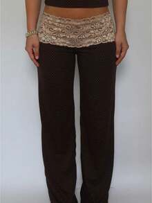 Two Piece Pajama Set For Women Lace Trim Contrast Color Sleeveless Camisole With Wide Leg Pants In Brown - 棕色 - 查看 1