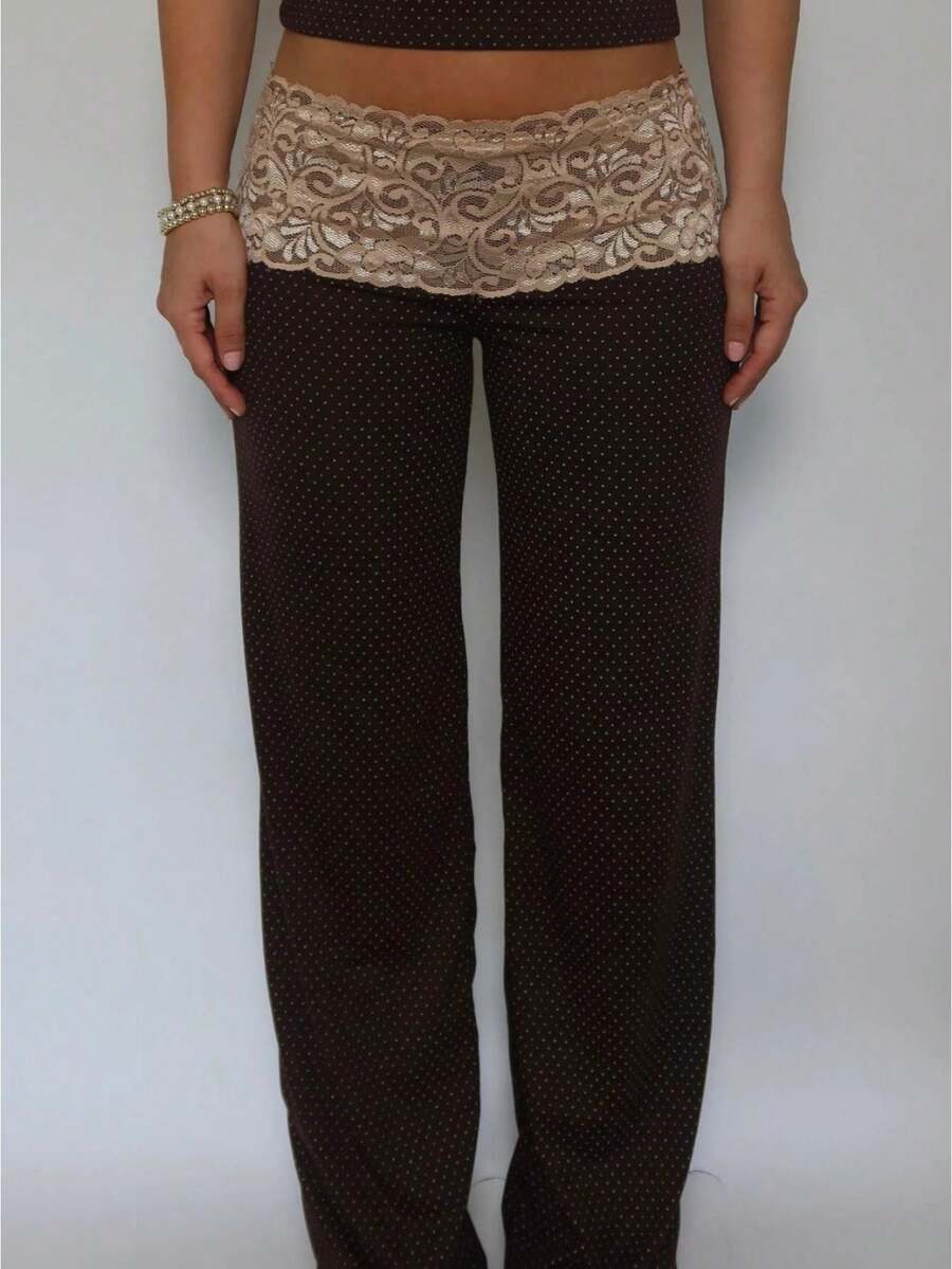 Two Piece Pajama Set For Women Lace Trim Contrast Color Sleeveless Camisole With Wide Leg Pants In Brown - 棕色 - 查看 1