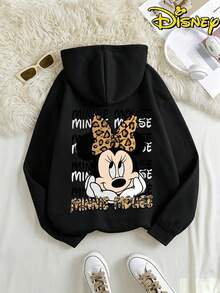 Disney Minnie Mouse Leopard Print Bow Hoodie, Women's Casual Long Sleeve Drawstring Hooded Sweatshirt - 黑色 - 查看 4