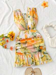 Vestido de vacaciones sin mangas con cuello en V profundo, estampado floral y drapeado - Multicolor 2 - Ver 9