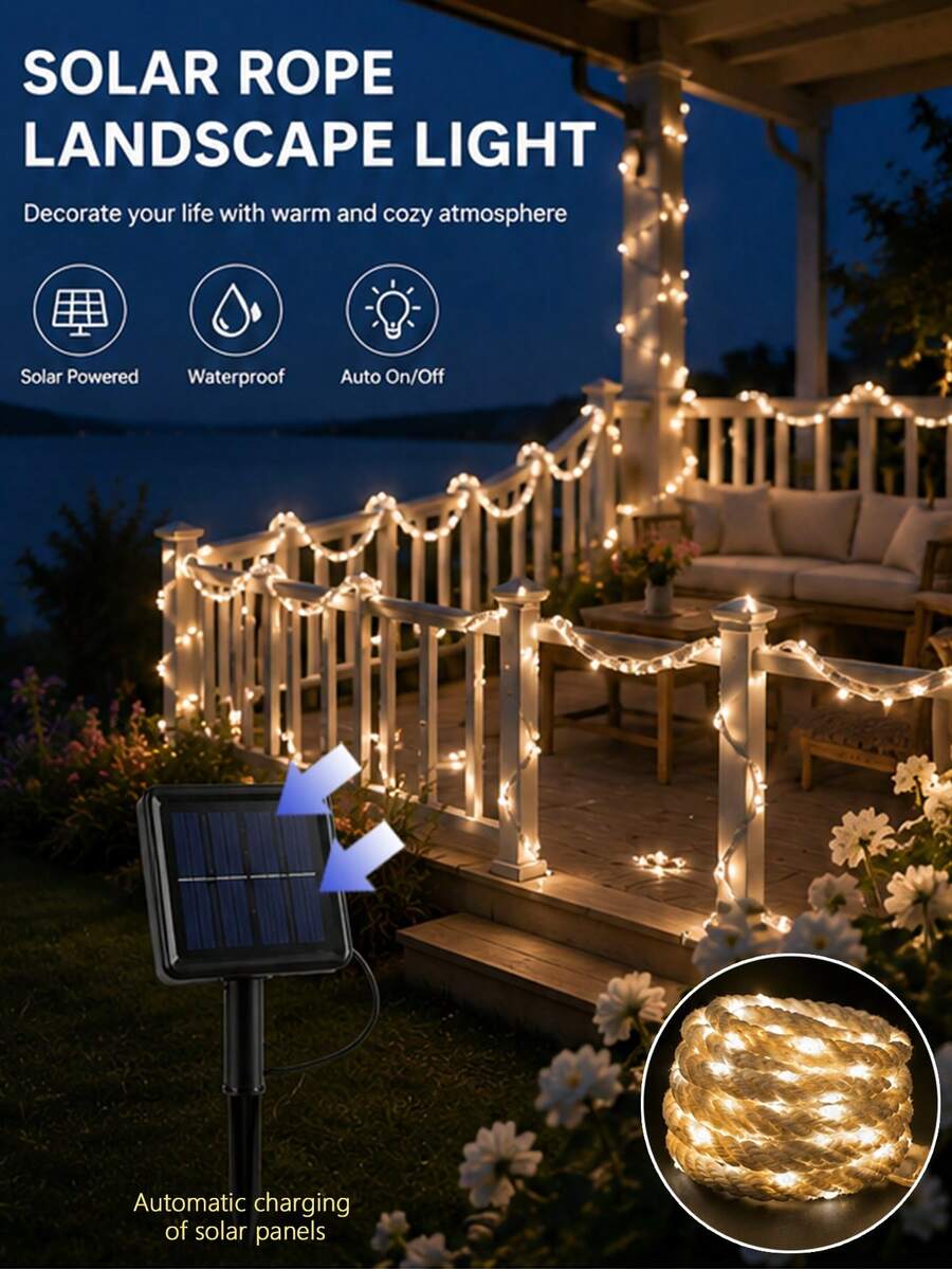 5m/10m White Hemp Rope LED Solar Waterproof String Lights –, Creating A Warm Atmosphere, Suitable For Decorative Lighting In Outdoor Courtyards, Gardens, Backyards, Terraces, Porches, Platforms And Lawns.