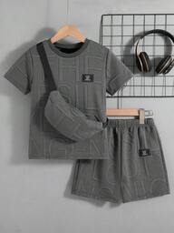 2pcs Boys Casual Outing Outfit - Solid Color Mandarin Collar Short Sleeve T-Shirt And Shorts Set With Pouch, Summer