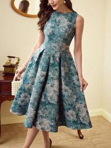 xheVintamour Vestido de mujer elegante y clásico vintage, vestido ajustado de jacquard para primavera/verano, vestido de escote barco, vestido floral rosa sobre base albaricoque, vestido rosa, vestido de vuelo de longitud mediaxhe - Agua verde azul - Ver 8