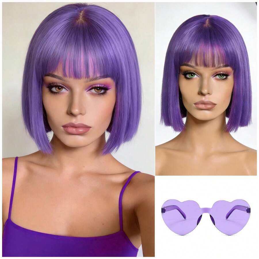 Cyberpunk Bob Wig & Glasses Set - 20+ Neon Colors With Adjustable Fringe | Multi-Tone Synthetic Hair For Cosplay, Rave, Halloween & Daily Bold Fashion (Hot Red/Lime Green/Orange/Light Pink/Plum Purple/Neon Blue/Neon Lilac/Golden Blonde/Black) - 淡紫色 - 查看 1