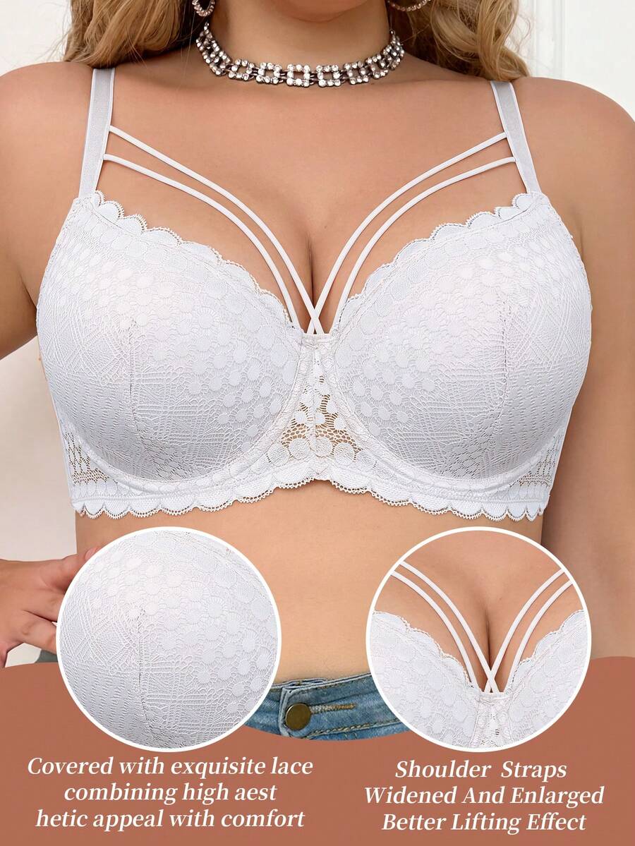 mimilemon Plus Size Women's White Lace Padded Bra - Breathable & Comfortable, Cross-Back & Wide Strap Design For Lift