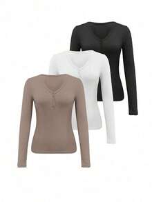 Set de 3 camisetas tipo Henley casuales de mujer con cuello en V y mangas raglán ajustadas - Multicolor 4 - Ver 10