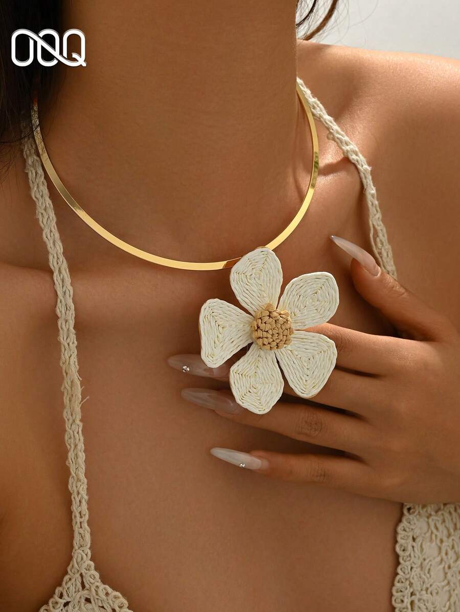 OOQ 1 buah Kalung Liontin Bunga Rafia Gaya Liburan Musim Panas, Aksesori Perhiasan Wanita Elegan Minimalis dan Serbaguna, Cocok untuk Dipadukan Sehari-hari, Hadiah Luar Biasa untuk Teman (Anyaman Rafia Buatan Tangan, Bentuk Acak) - Putih - View 1