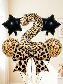 6pcs 40-Inch Number Balloon Set, Large Leopard Print Bow Foil Balloons, 18-Inch Leopard Print Round Balloons, Star Balloons, Large 0-9 Number Balloons, Suitable For Birthday Party, Animal Theme Party, Baby Shower Decoration - Multicolor - View 2
