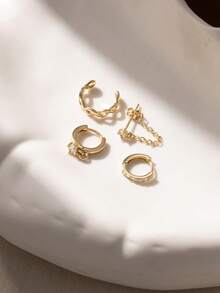 Nooxian Set de 4 piezas de aretes de oro con circonita: Arete de oreja con símbolo del infinito + Aro con diamante de imitación + Aretes de cadena con borla en forma de estrella, diseño de lujo con capas - Amarillo Oro - Ver 4